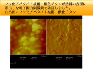 フッ化アパタイト被覆二酸化チタンの塗料での頭出しを原子間力顕微鏡で確認しました。