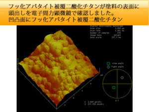 フッ化アパタイト被覆二酸化チタンの塗料での頭出しを原子間力顕微鏡で確認しました。